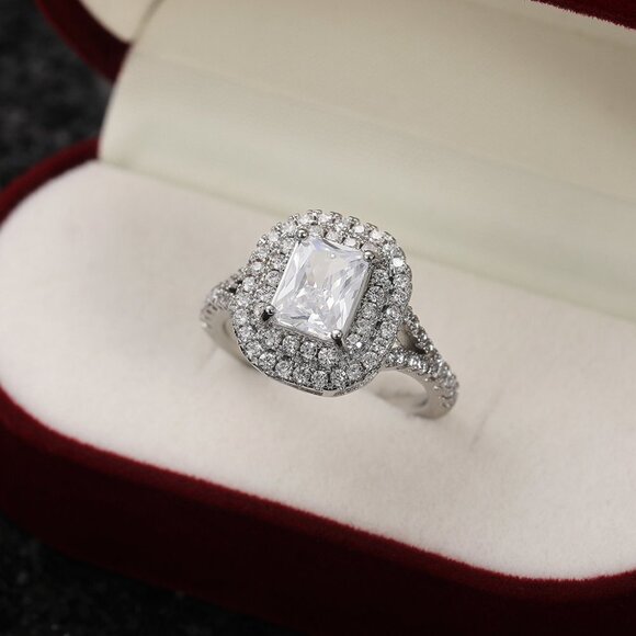 🔥DOUBLE LAYER 14K WHITE GOLD RADIANT CUT PURE CZ LUXURY WEDDING RING, K856 - Picture 5 of 6